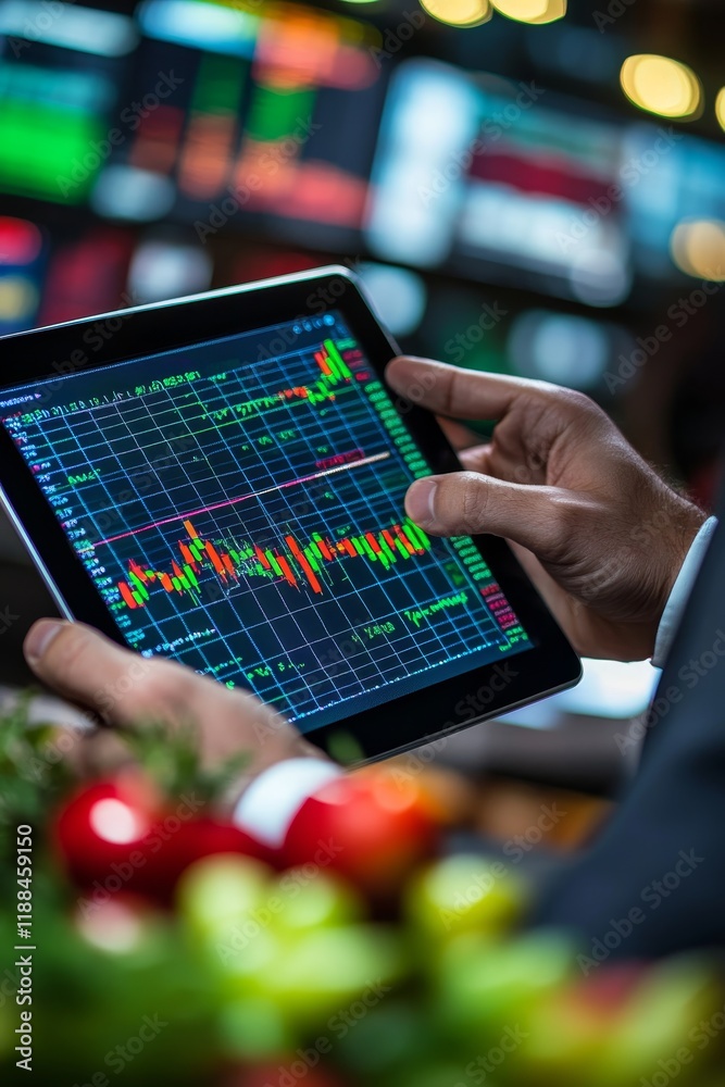 Poster Hands using tablet showing stock market data with vegetables in foreground.