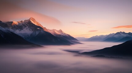 a serene sunrise over a majestic mountain range, where the soft, warm, golden light of dawn gently touches the rugged, snow-capped peaks, casting a gentle glow on the misty atmosphere, and the valley 
