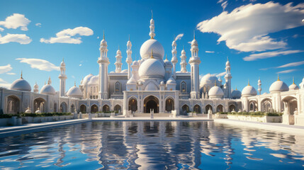 Fototapeta premium Majestic white mosque with reflective pool under a bright blue sky in a serene landscape