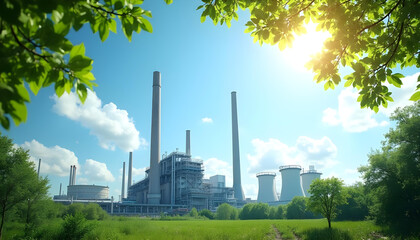 Obraz premium vibrant industrial landscape showcasing power plant surrounded by greenery and blue skies, reflecting harmony between nature and industry