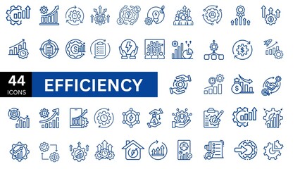 Efficiency icon set. Containing productivity, optimization, resource utilization, effectiveness, streamlining, lean processes, time management, cost icon. 