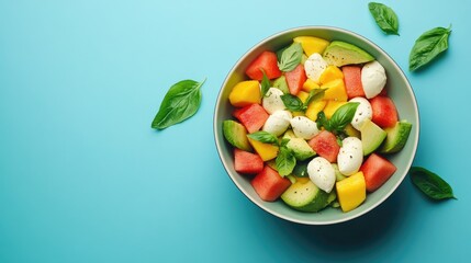 Mango, Watermelon, and Avocado Salad with Mozzarella or Burrata in a Bowl, Top View, Healthy and Delicious Summer Food, Vibrant Blue Background