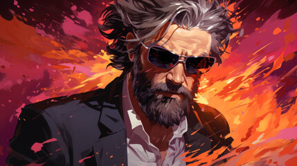 Dynamic character with stylish attire and sunglasses set against a vibrant, abstract background exuding energy and action