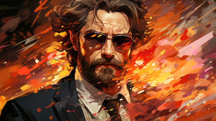 Dynamic portrait of a man in sunglasses with vibrant colors and dramatic flair surrounded by an explosion of warm hues