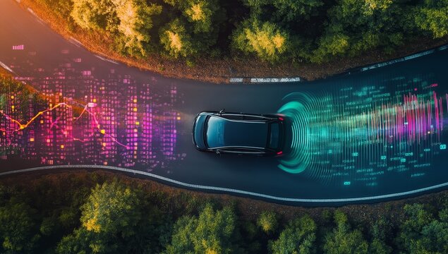 Autonomous vehicle driving on a road through forest with digital data visualization.