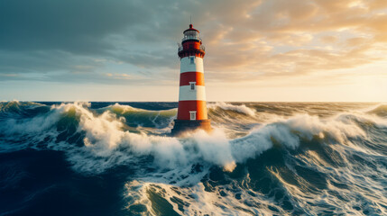 Obraz premium Lighthouse standing tall amidst towering ocean waves at sunset with dramatic clouds in the background