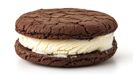Chocolate ice cream sandwich with vanilla ice cream filling on white background.