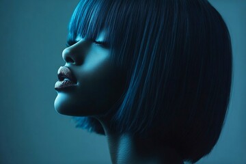 Fototapeta premium Attractive calm black girl - for ads, advertisement ad and internet marketing use. Short coiffure - blue hair. Commercial ad campaign idea. Creative hair campaign ads. Black woman model.