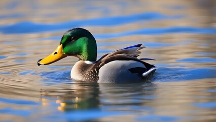 
A beautiful mallard duck is swimming in the water. The duck has a green head and a yellow bill. The duck is in focus, and the background is blurred. Isolated on a blue background. See Less
A beautifu