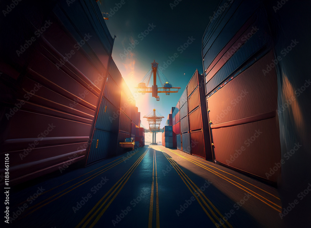Poster A dramatic, sunlit view down a shipping container terminal, showcasing rows of cargo containers and a large crane at work against a vibrant sunset.  The scene conveys global trade and logistics.