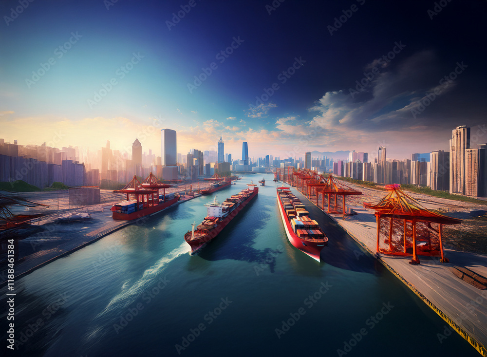 Poster a panoramic view of a bustling harbor at sunrise. large container ships navigate a channel flanked b