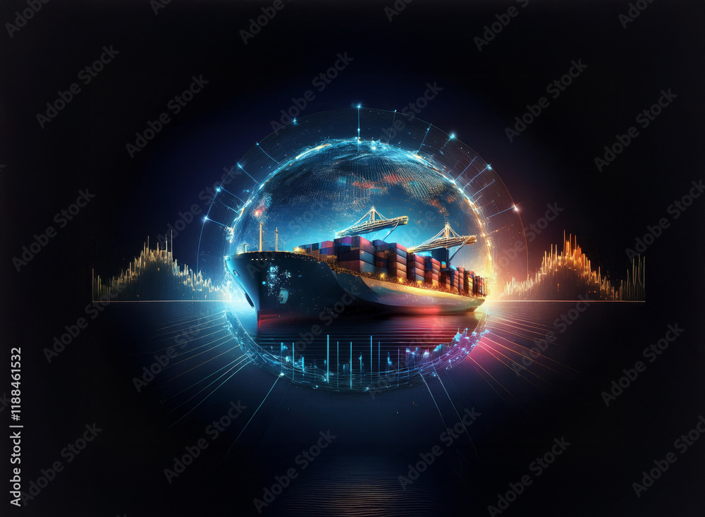 Poster A container ship sits before a digital globe, illustrating global trade and shipping networks.  Data streams and graphs emphasize the interconnectedness of the world economy.