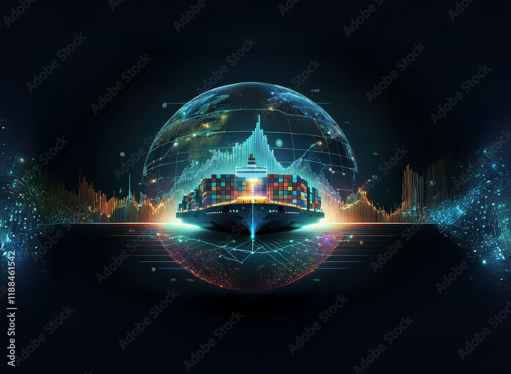 Poster A container ship sits within a glowing digital globe, showcasing global trade and shipping networks.  Data streams and graphs illustrate worldwide connectivity.