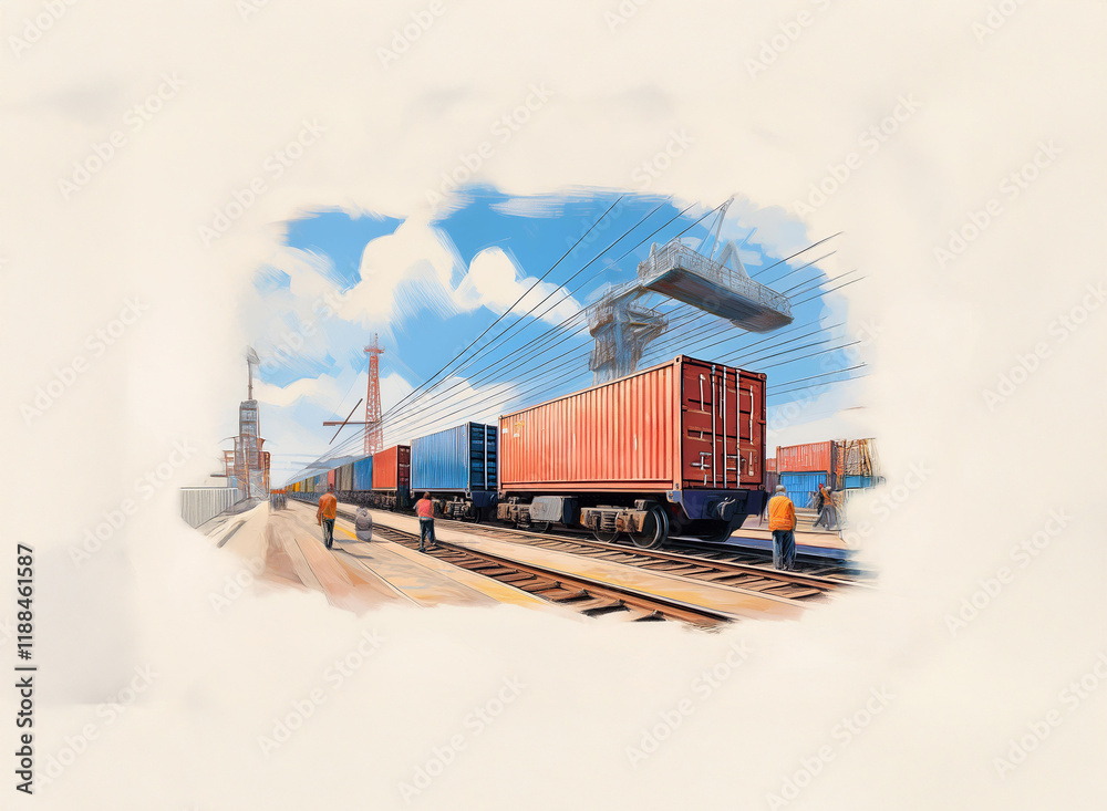 Poster a freight train carrying cargo containers at a busy port under a partly cloudy sky. workers are visi