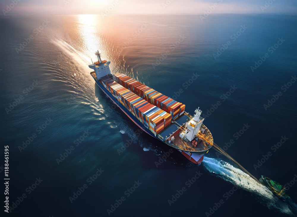 Poster a large container ship sails across a calm ocean at sunset, leaving a wake behind it. a smaller pilo