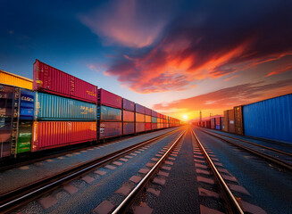 Fototapeta premium Vibrant sunset over a sprawling freight train yard. Rows of colorful shipping containers stretch towards a brilliant horizon, symbolizing global trade and logistics.