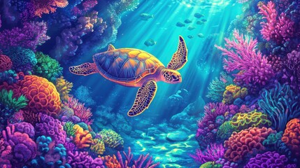 Naklejka premium Vibrant Underwater Scene with a Colorful Sea Turtle Swimming Through a Coral Reef, Illuminated by Sunlight Filtering Down from the Ocean Surface