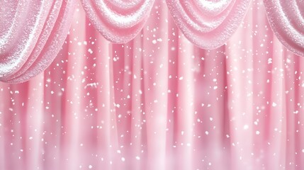Soft pink curtain backdrop blends snowfall design and serene ambiance
