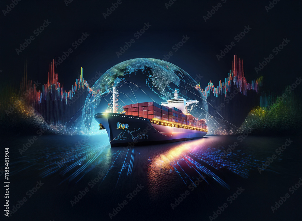 Poster a container ship sails on a digital ocean, illuminated by data streams and surrounded by a glowing e