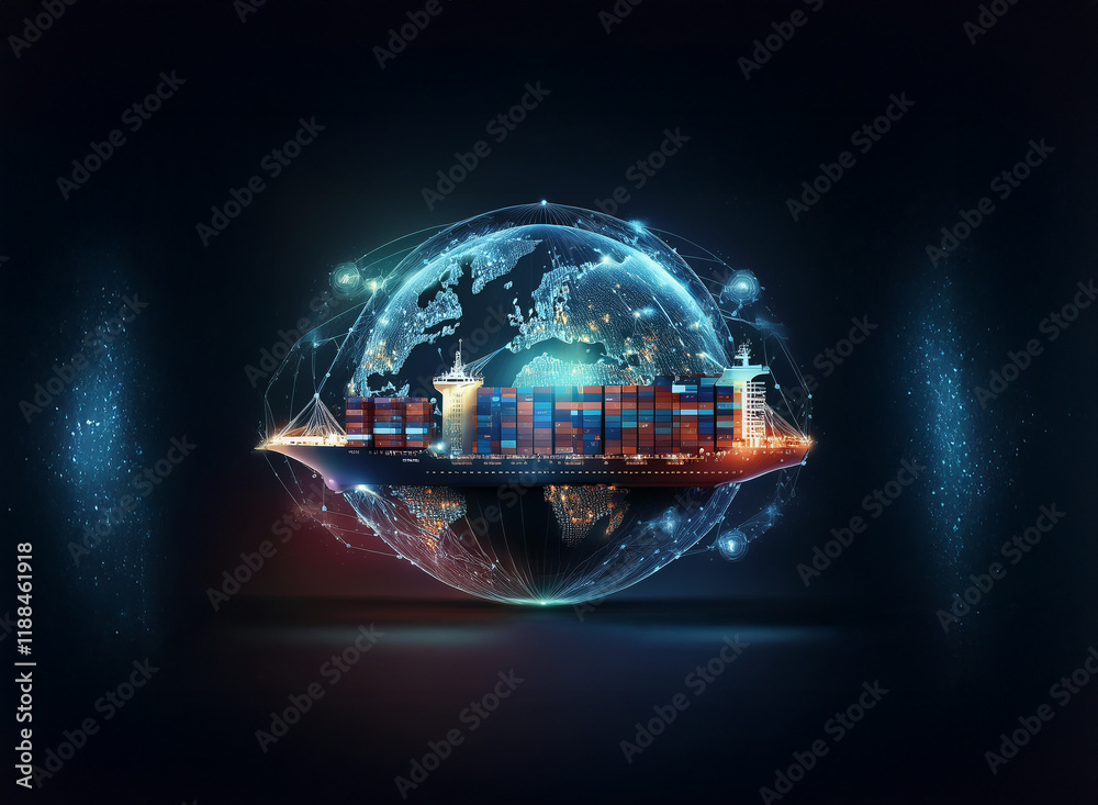 Poster a container ship carrying global cargo sits within a digital earth, illustrating worldwide trade and