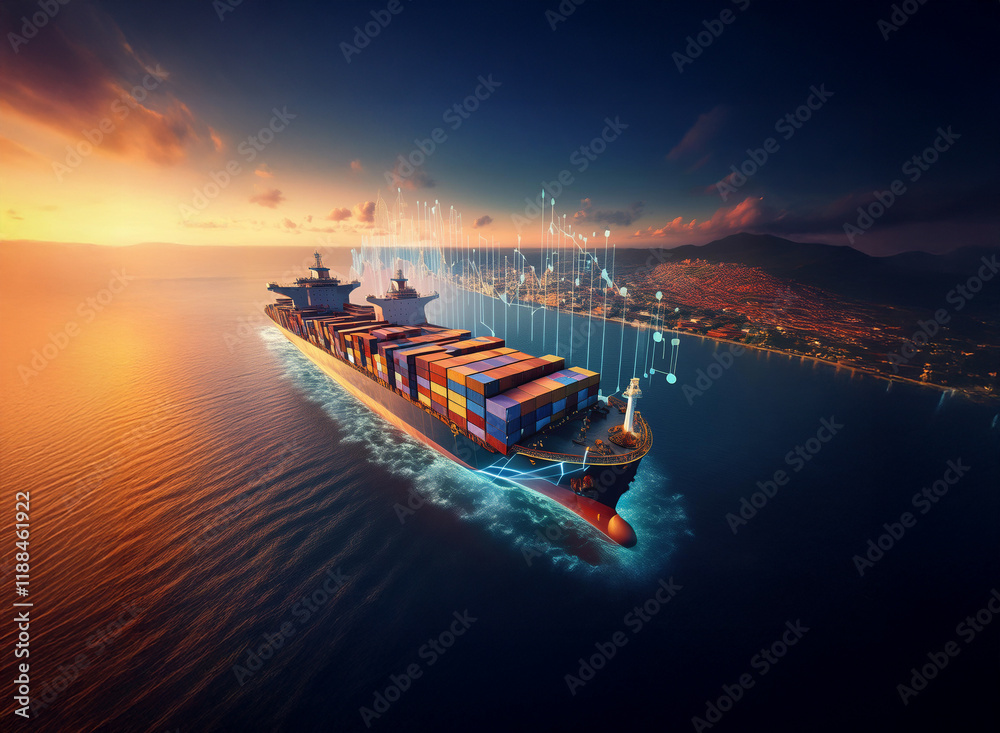 Poster A large container ship sails across a calm ocean at sunset,  data streams visualizing global trade and shipping routes.  Digital overlay enhances the image.