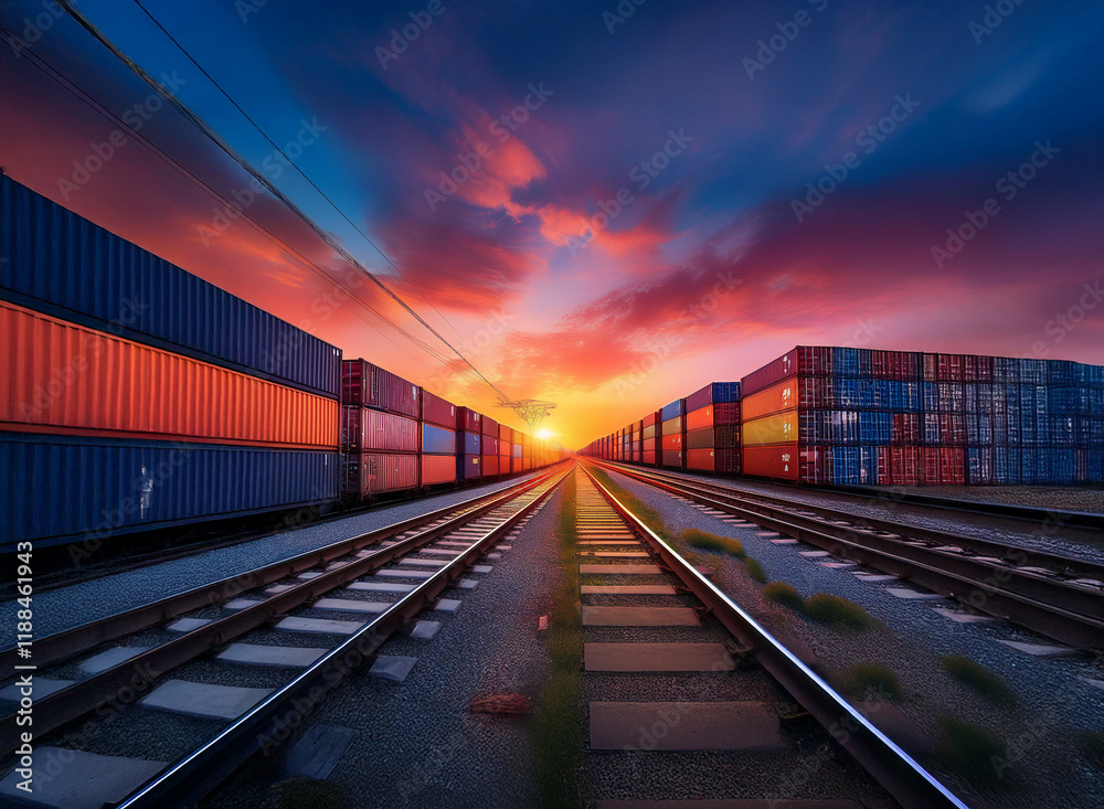 Poster vibrant sunset over a railway line, flanked by rows of colorful cargo containers. global trade and t