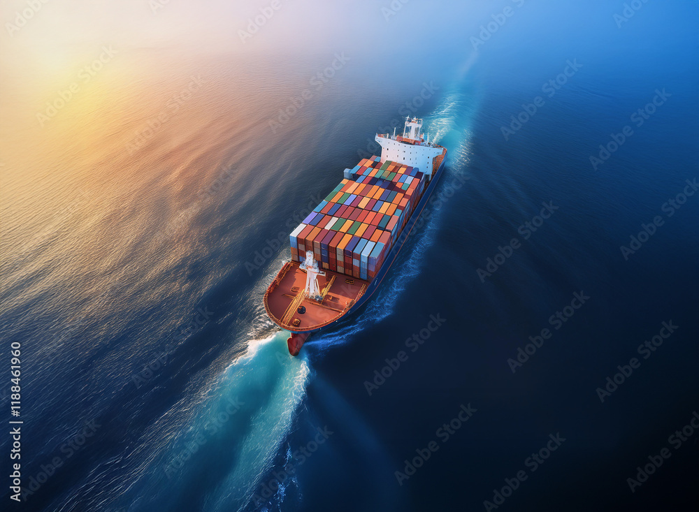 Poster a large container ship sails across a vast ocean at sunset, leaving a wake in its path. the vibrant 