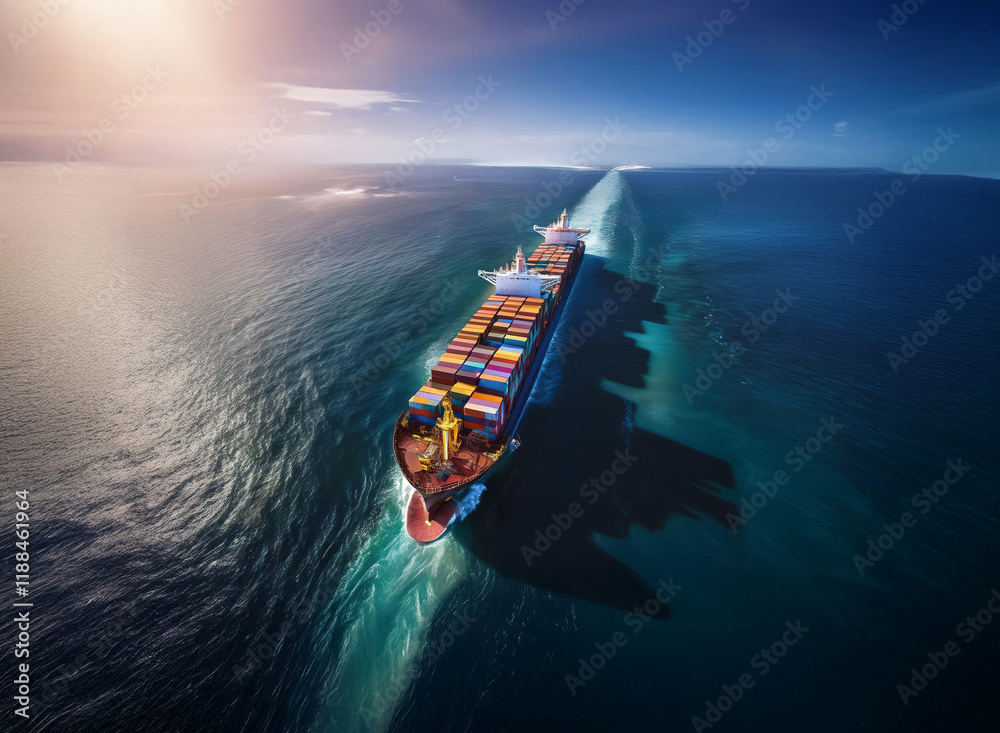Poster a large container ship cuts through a deep blue ocean, leaving a dramatic wake in its path. sunlight