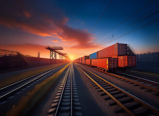 Fototapeta premium A vibrant sunset casts a warm glow over a freight train carrying cargo containers along parallel railway tracks, industrial landscape in the background.