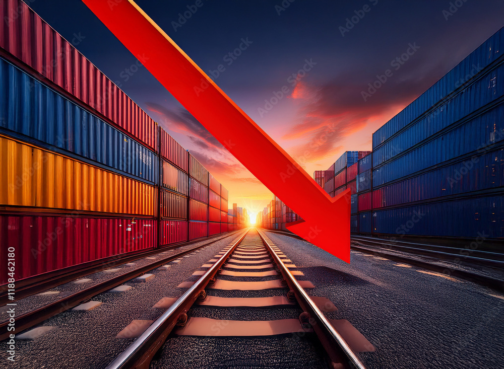 Poster A large red arrow points down over railway tracks lined with shipping containers, symbolizing a decline in global trade and economic downturn.  The setting sun adds to the sense of impending crisis.