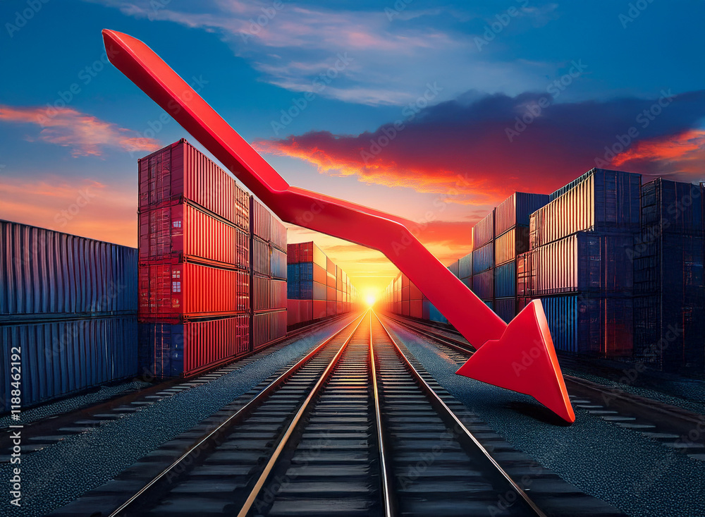 Poster a large red arrow descends over railway tracks lined with shipping containers, symbolizing a decline