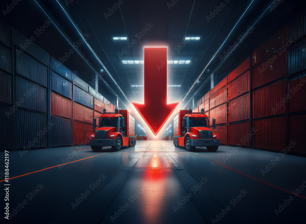 Aufkleber a large red arrow points down between two semi-trucks in a dimly lit shipping container warehouse. t
