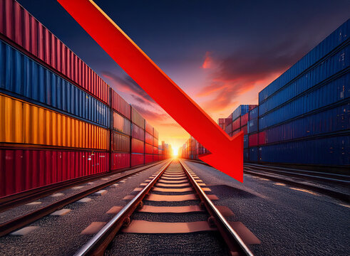 A large red arrow points down over railway tracks lined with shipping containers, symbolizing a decline in global trade and economic downturn.  The setting sun adds to the sense of impending crisis.