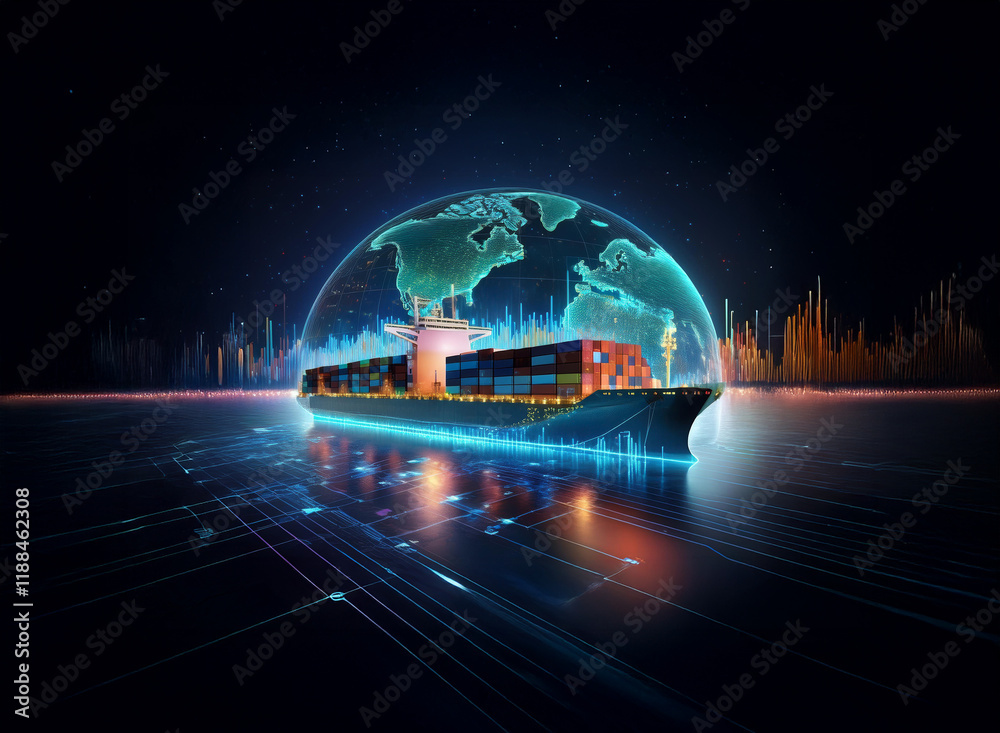 Poster A container ship sails within a digital globe, symbolizing global trade and digitalization of shipping.  The scene is futuristic and technologically advanced, highlighting the interconnectedness of in