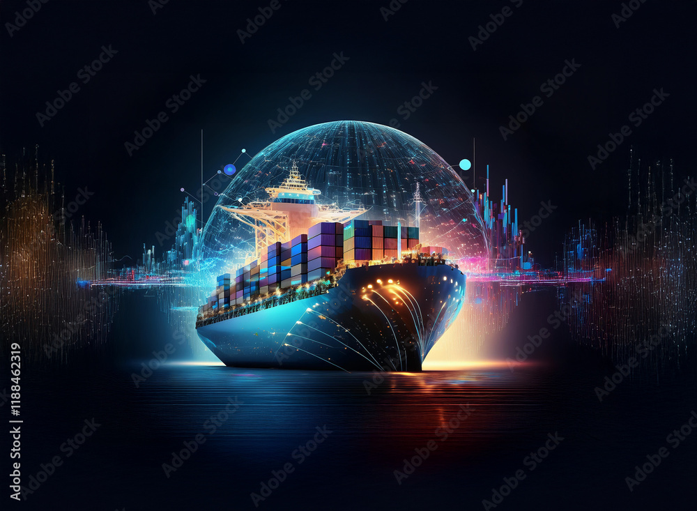 Poster a container ship at night, illuminated, sits within a digital global network visualization. the scen