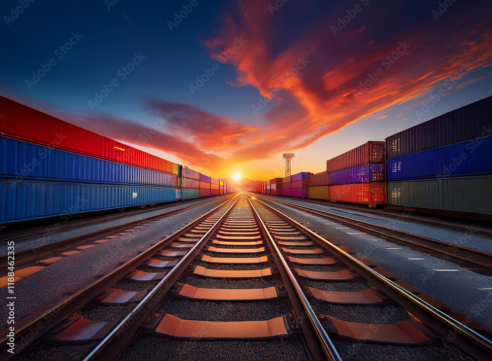 Poster vibrant sunset over a railway leading to rows of colorful cargo containers at a bustling port. a sce