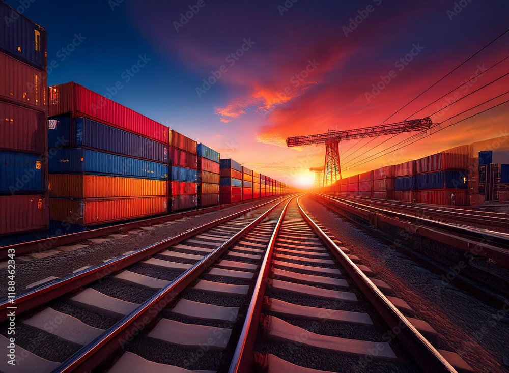 Poster vibrant sunset over a railway transporting colorful cargo containers. the scene evokes global trade 