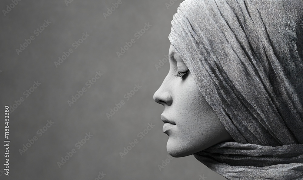 Wall mural Serene woman, grey fabric, profile view, studio background, fashion