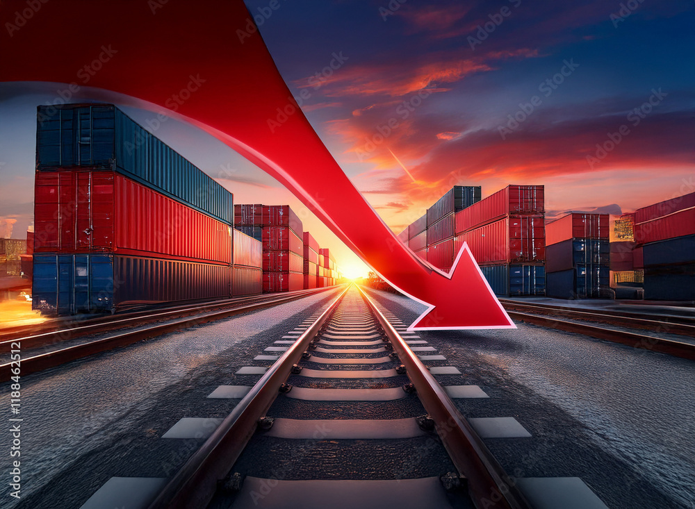 Poster a dramatic sunset scene shows a large red arrow pointing down over railroad tracks lined with shippi