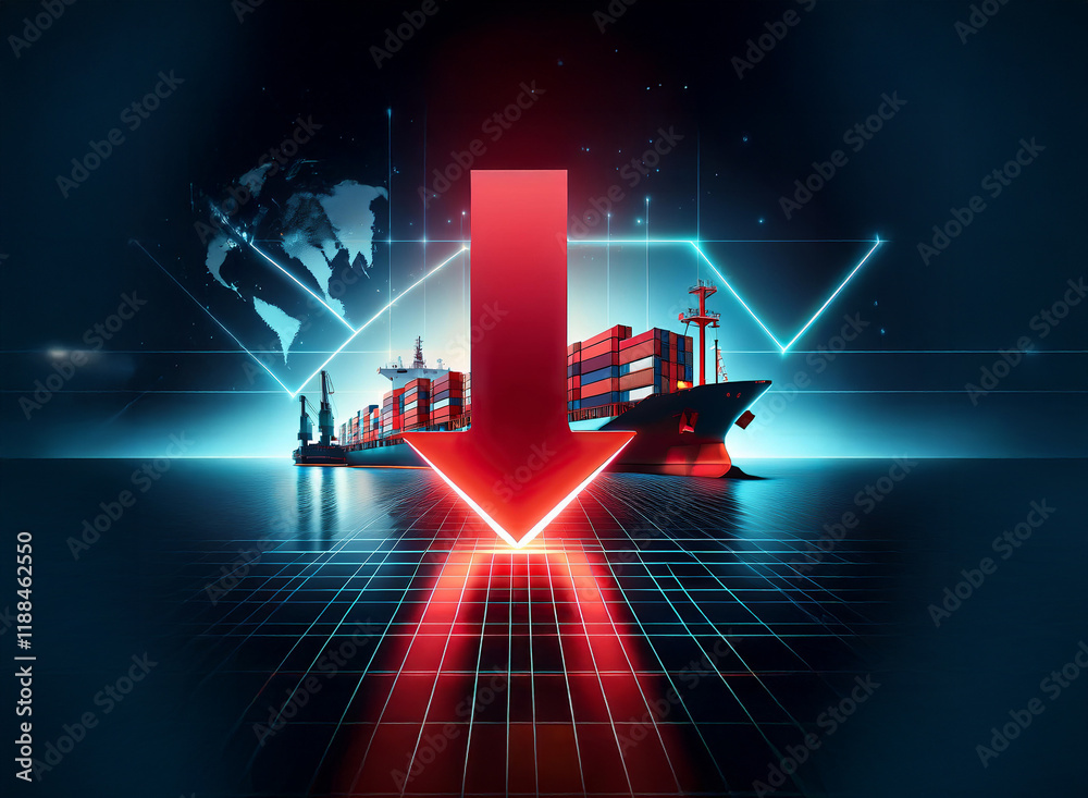 Poster A large red arrow points down, symbolizing a decline in global shipping and trade.  A cargo ship is positioned below the arrow, amidst a futuristic digital backdrop suggesting global connectivity.