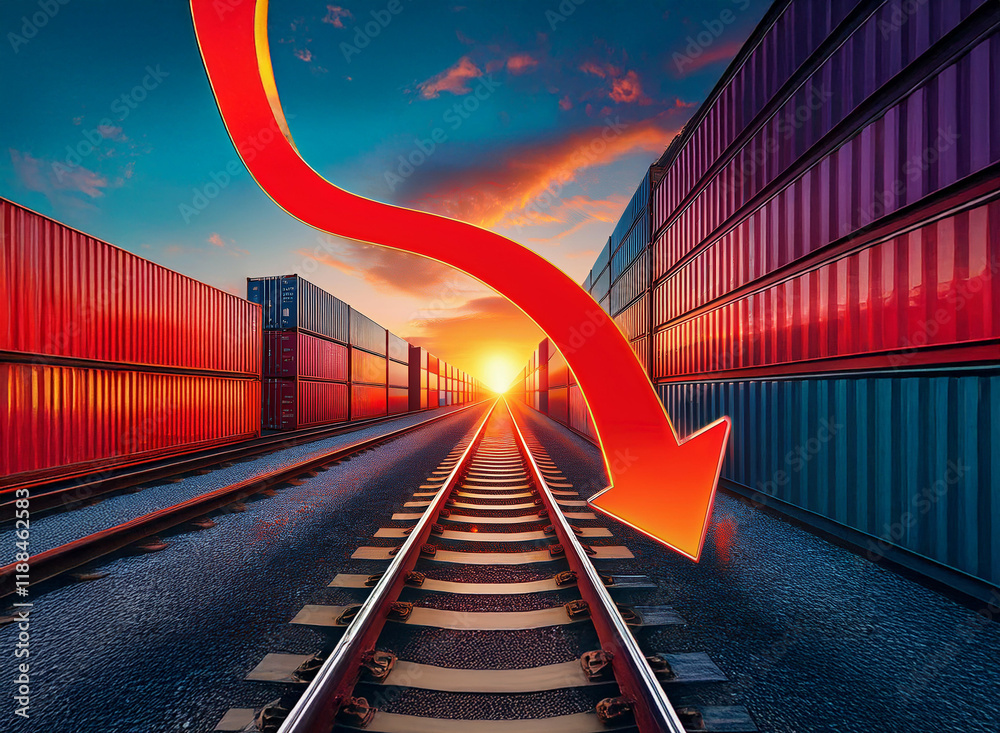 Poster a dramatic sunset casts a shadow over a railroad track lined with cargo containers. a large red arro