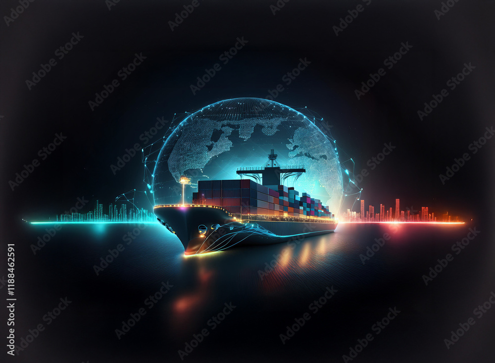 Poster a container ship sails before a glowing, digital globe, representing global trade and shipping netwo