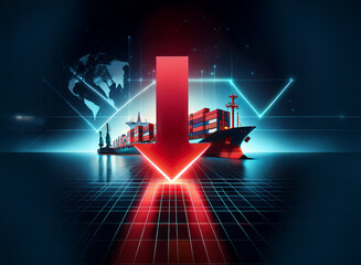 A large red arrow points down, symbolizing a decline in global shipping and trade.  A cargo ship is positioned below the arrow, amidst a futuristic digital backdrop suggesting global connectivity.