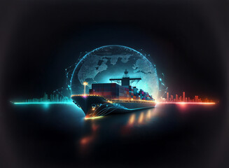 A container ship sails before a glowing, digital globe, representing global trade and shipping networks.  Its sleek design is illuminated by vibrant, futuristic light trails, symbolizing technological