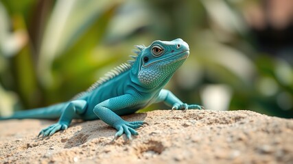 Obraz premium Turquoise Iguana on Stone, Closeup, Vivid Colors, Sharp Focus