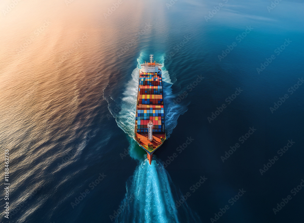 Poster a large container ship sails across a vast ocean, its wake trailing behind. golden sunlight glints o