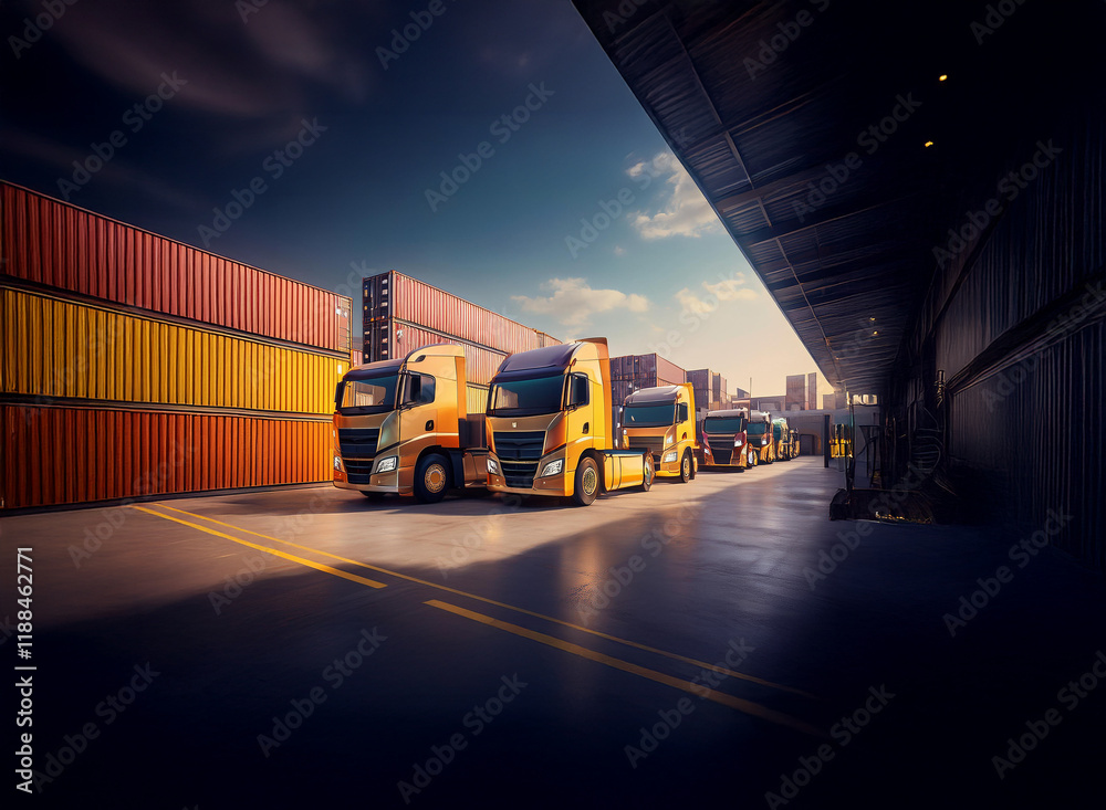 Poster several yellow semi-trucks are parked in a row at a shipping yard, lined up next to colorful cargo c