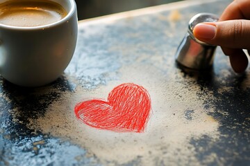 Fototapeta premium Close-up of a red heart drawn on a dusty caf?(C) table with a finger, with a half-empty coffee cup beside it.