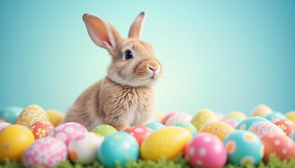 playful bunny sits among colorful Easter eggs, creating joyful scene