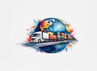 Obraz premium A vibrant watercolor globe depicts global shipping. A white semi-truck with cargo containers speeds across the planet, symbolizing international trade and fast delivery.